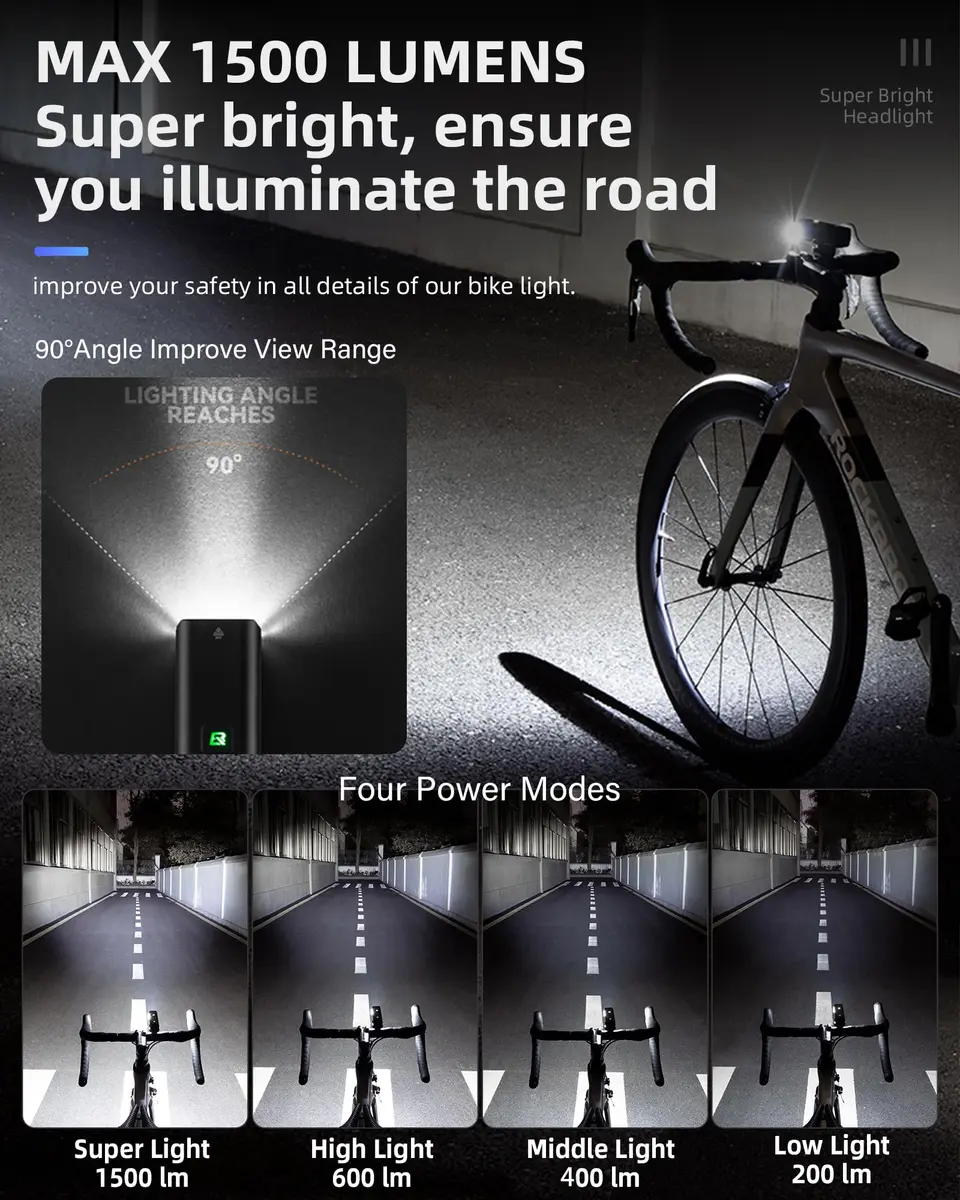 ROCKBROS Bike Light 1500 Lumens Bright Headlight Aluminum Alloy | IPX6 Waterproof, 5 Modes, USB-C Rechargeable - view 2