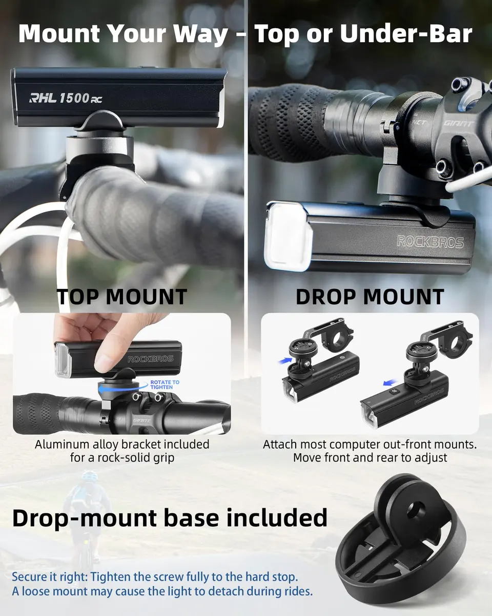 ROCKBROS Bike Light 1500 Lumens Bright Headlight Aluminum Alloy | IPX6 Waterproof, 5 Modes, USB-C Rechargeable - view 3