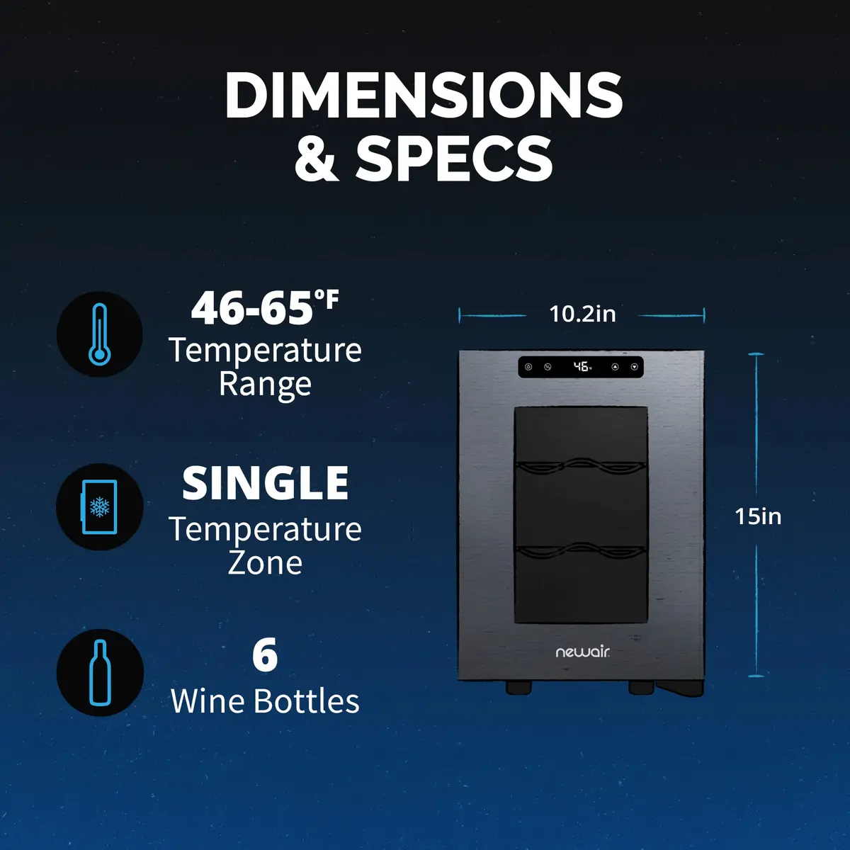 NewAir 10" Wine Fridge for 6 Bottles | Compact Countertop Wine Cooler Refrigerator with Glass Door | Black - view 7