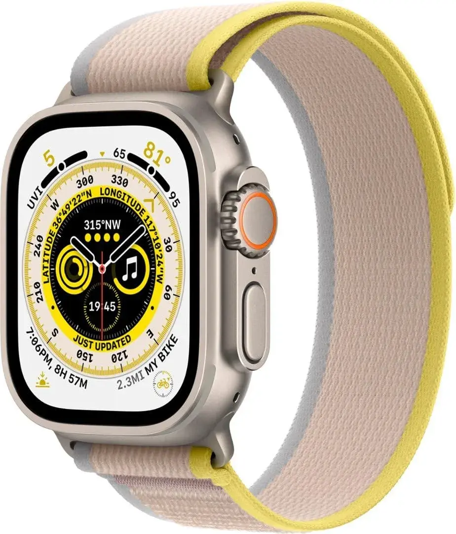 Apple Watch Ultra [GPS + Cellular 49mm] Titanium Case with Yellow/Beige Trail Loop, M/L | Rugged Smartwatch for Endurance Athletes - main product image