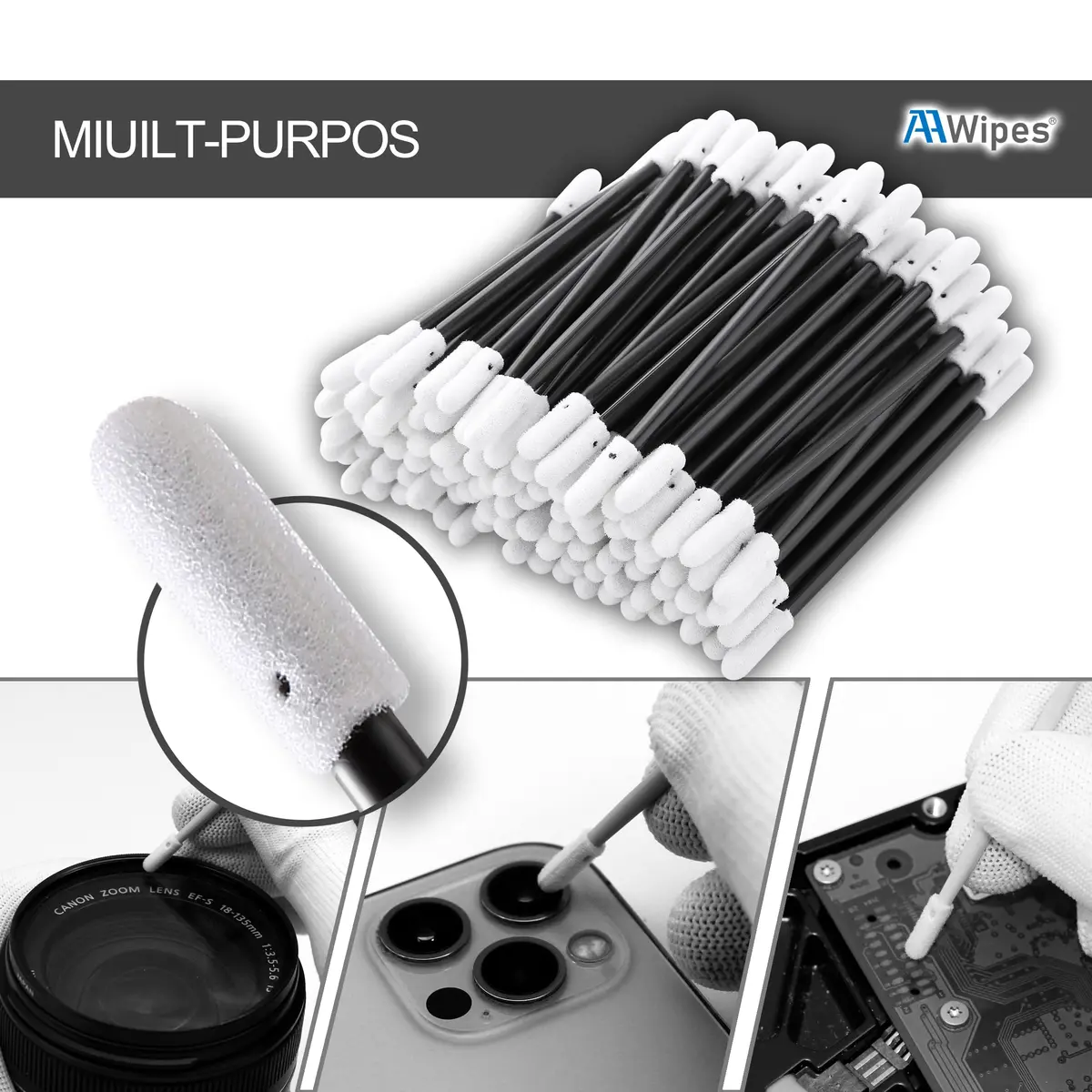 AAwipes 3" Foam Cleaning Swabs Dual Round Heads 200pcs | Micro-precision, solvent resistant, ideal for electronics & lab use - view 3