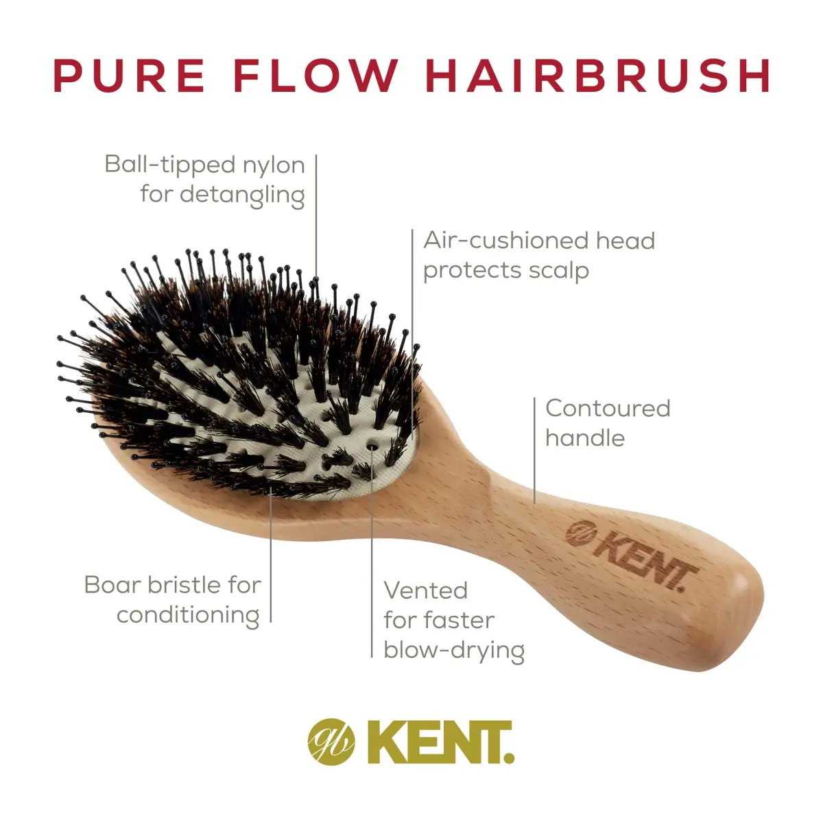 Kent LPF1 Pure Flow Oval Cushion Vented Hair Brush with Boar Bristle & Nylon Bristle, 21.9cm (8.62in) | Blowdry Detangle Volume Curls - view 5