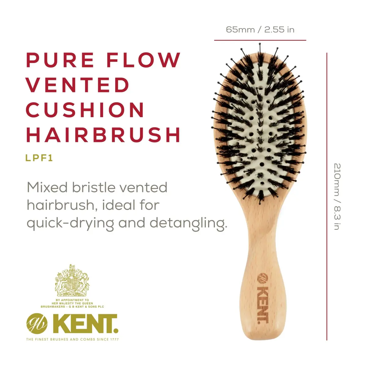 Kent LPF1 Pure Flow Oval Cushion Vented Hair Brush with Boar Bristle & Nylon Bristle, 21.9cm (8.62in) | Blowdry Detangle Volume Curls - view 2