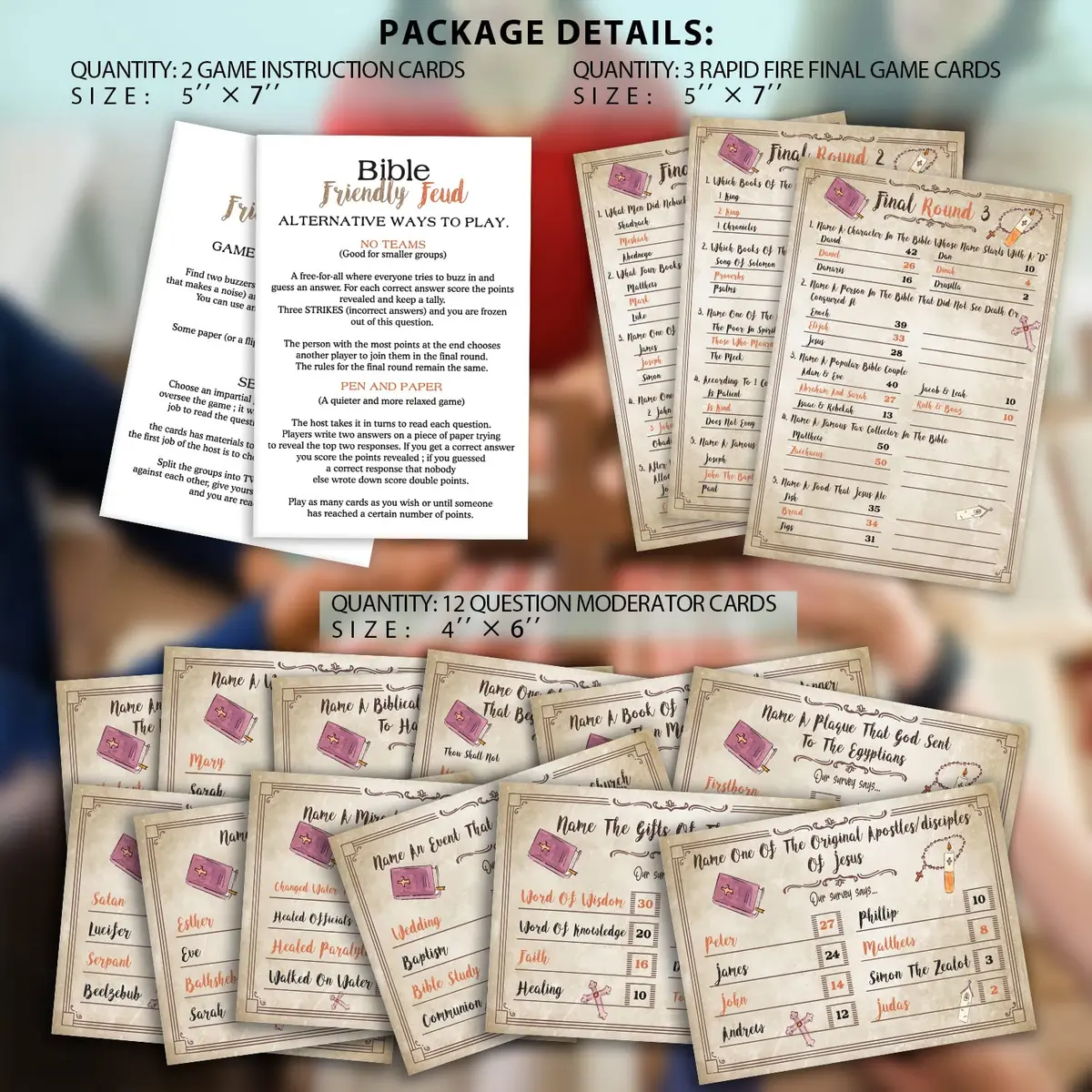 Pazag Bible Trivia Game, Bible Friendly Feud Quiz, Family & Church Game, 5x7 inches, Blue & White | Christian Bible Theme - view 2