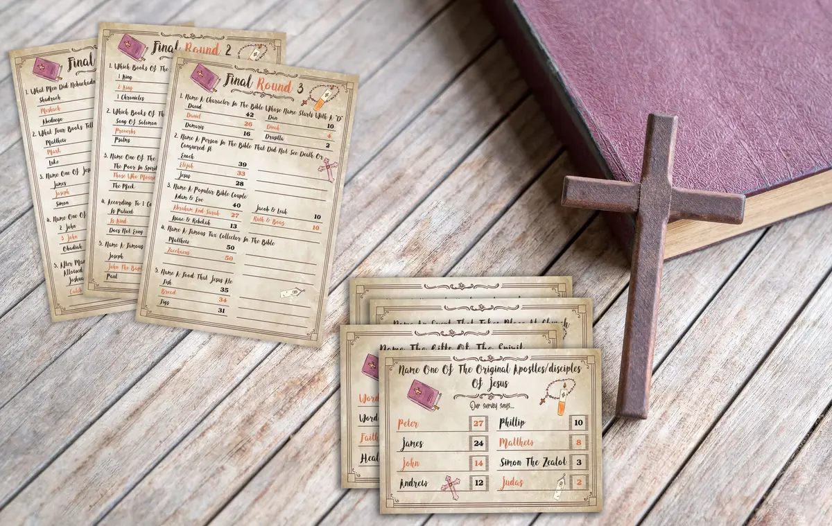 Pazag Bible Trivia Game, Bible Friendly Feud Quiz, Family & Church Game, 5x7 inches, Blue & White | Christian Bible Theme - view 3