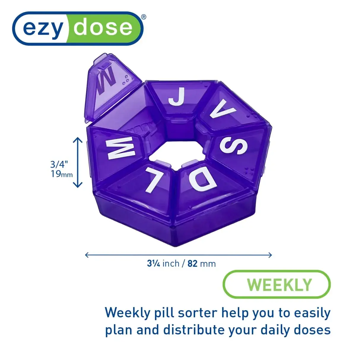 EZY DOSE Weekly 7-Day Pill Organizer 8.8cm (3.46in) | 7 Compartments for Daily Medication - view 3