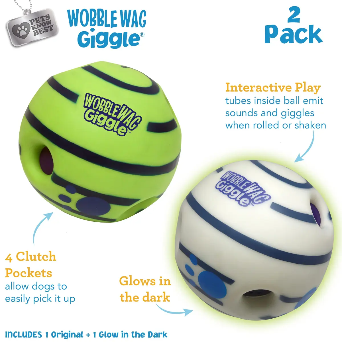 Wobble Wag Giggle Ball 2 Pack | Interactive Dog Toy with Giggle Sounds, Glow & Non-Toxic Vinyl (5.5") - view 2
