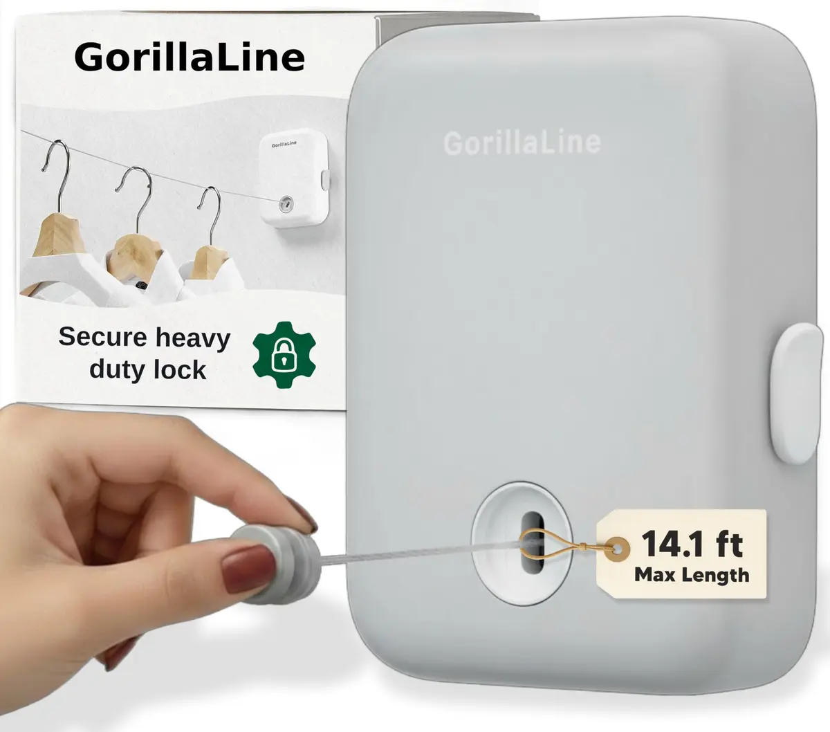 GorillaLine Retractable Clothesline Light Gray 5.39m (17.7 ft) | Heavy Duty Wall Mounted Indoor Outdoor Drying Rack - main product image
