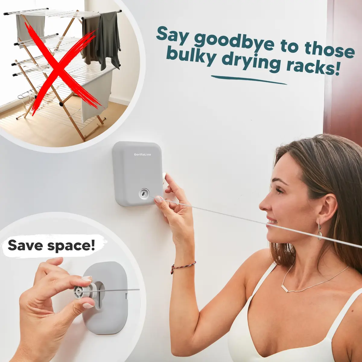 GorillaLine Retractable Clothesline Light Gray 5.39m (17.7 ft) | Heavy Duty Wall Mounted Indoor Outdoor Drying Rack - view 7