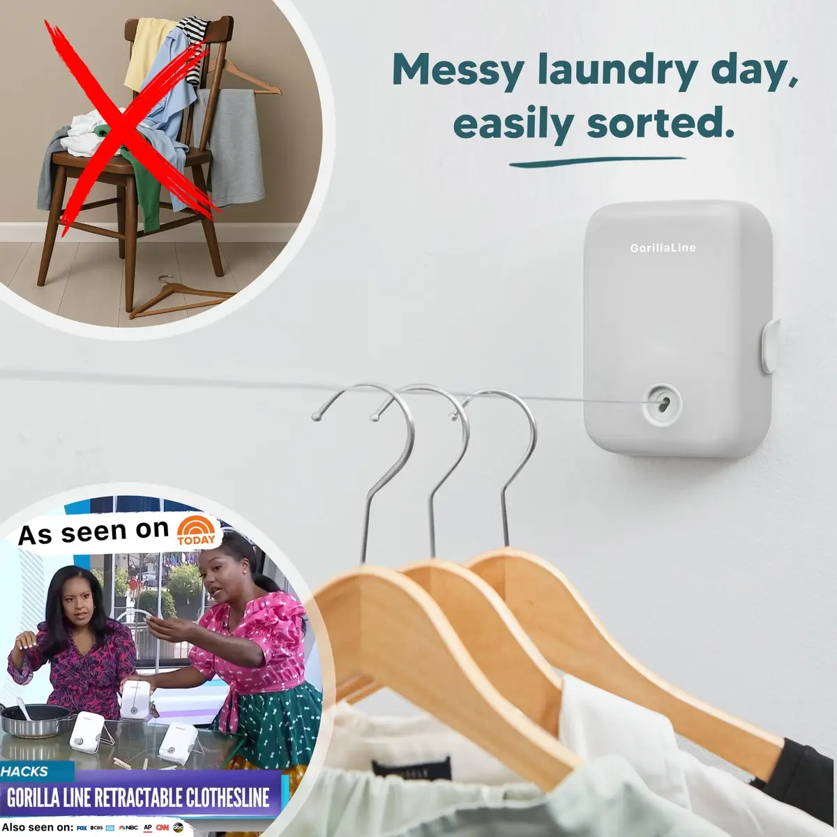 GorillaLine Retractable Clothesline Light Gray 5.39m (17.7 ft) | Heavy Duty Wall Mounted Indoor Outdoor Drying Rack - view 3