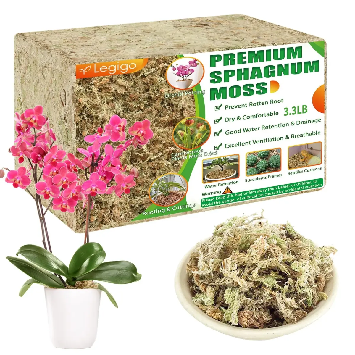 Legigo Natural Sphagnum Moss for Plants — 60 QT (1.49 kg) | Premium Long Fibers for Orchids, Succulents, Carnivorous Plants - main product image