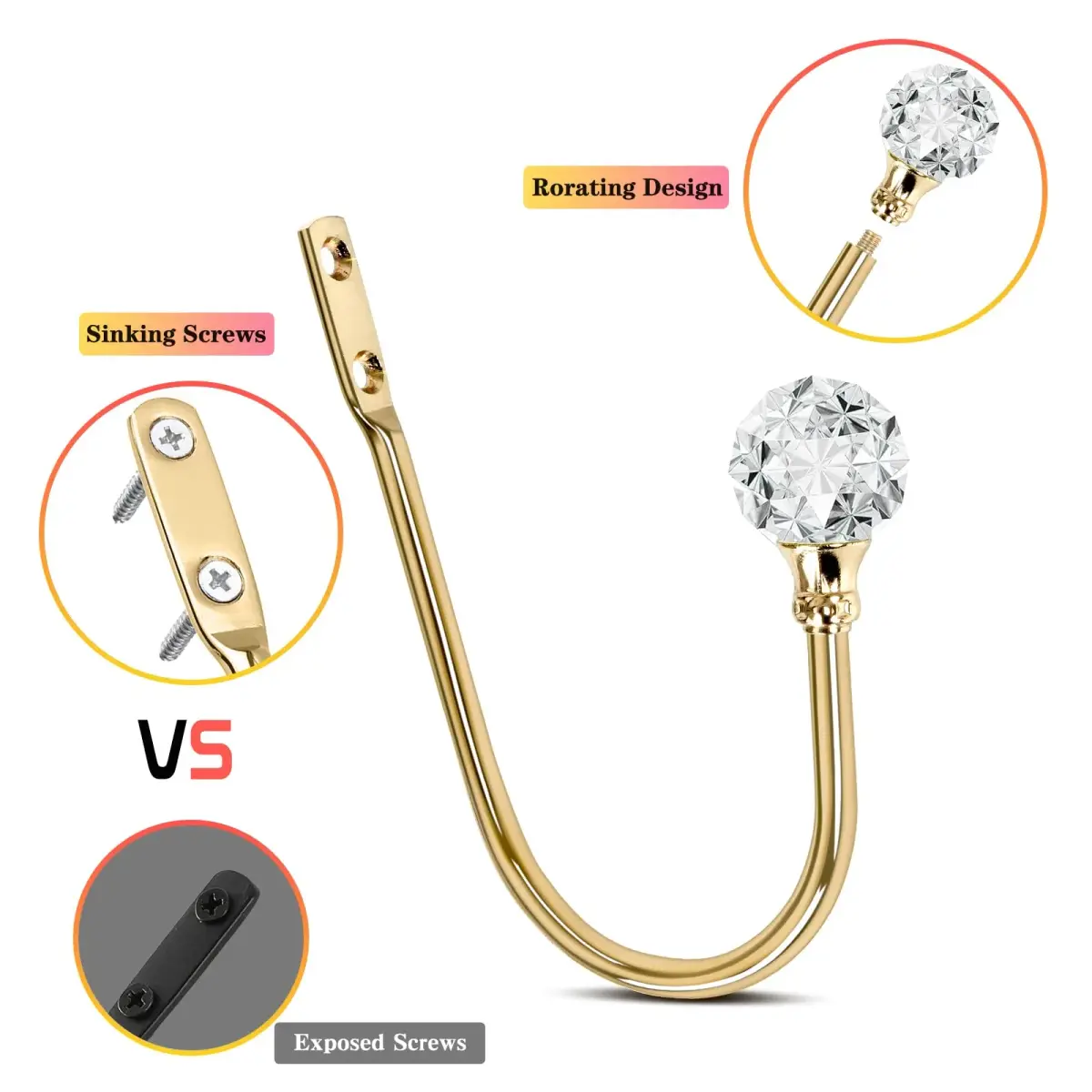 KOLAKO Crystal Ball Curtain Holdbacks 6 Pack Rose Gold Metal Heavy Duty Drapery Holders | U-Shaped Wall Mounted Hooks for Thick Drapes - view 4