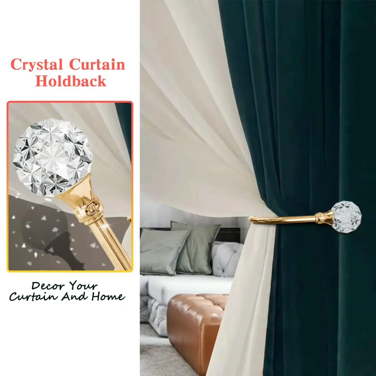 KOLAKO Crystal Ball Curtain Holdbacks 6 Pack Rose Gold Metal Heavy Duty Drapery Holders | U-Shaped Wall Mounted Hooks for Thick Drapes - view 3