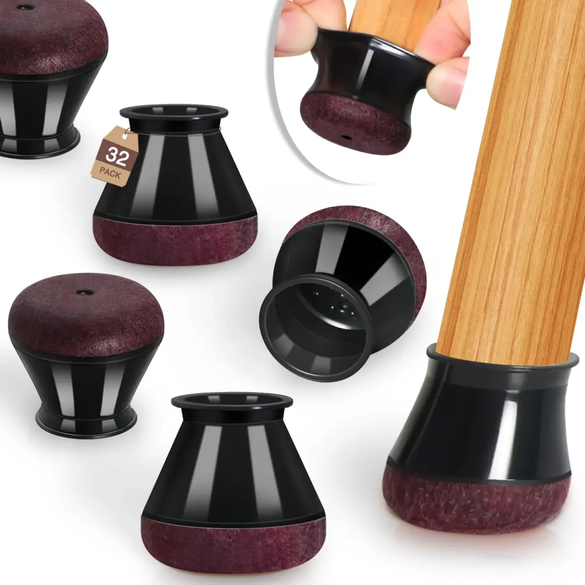 YOZON Chair Leg Floor Protectors Silicone Caps with Felt Base, 32 Pack Black Round Medium | Protects Floors & Reduces Noise - main product image