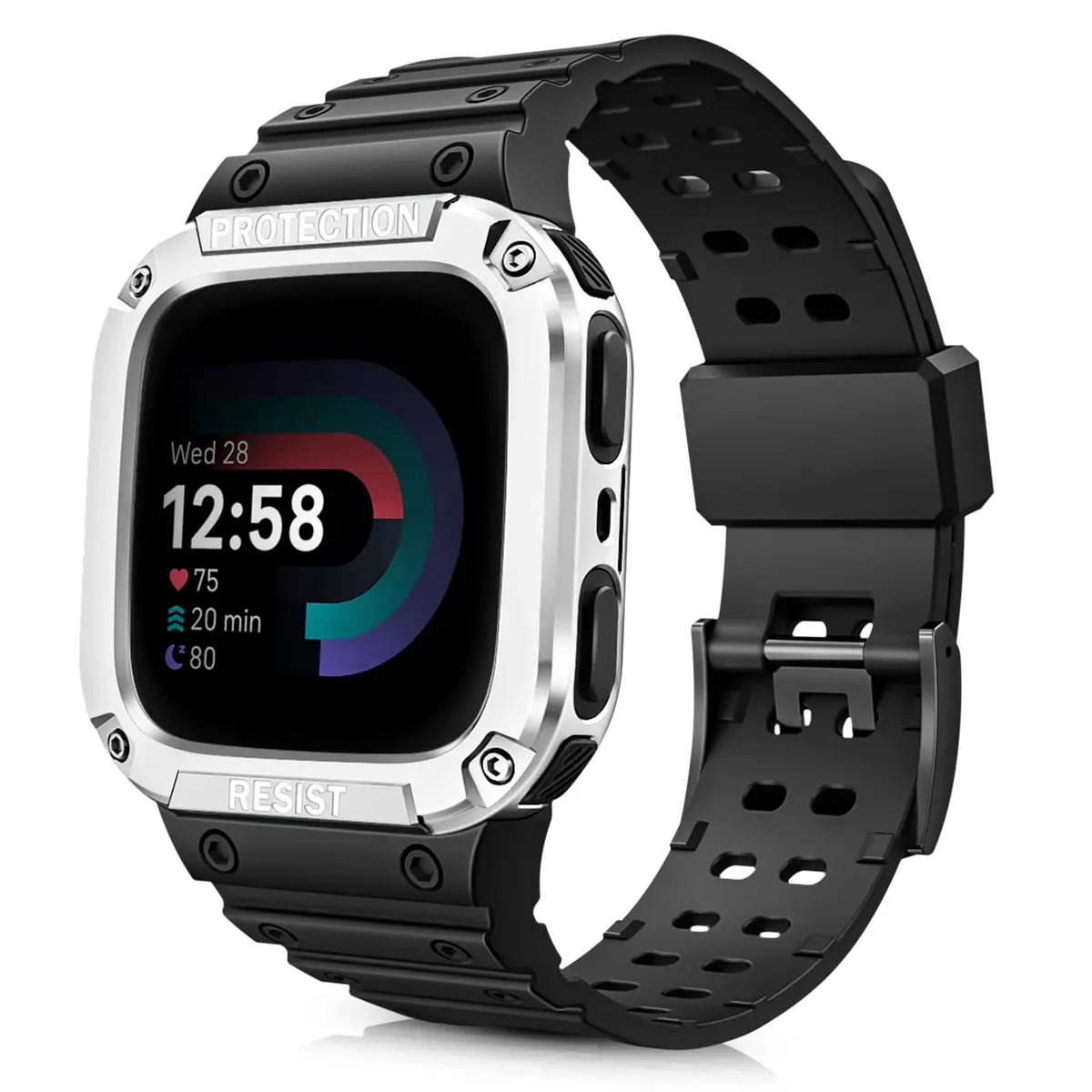 FINTIE Rugged Band with Case for Fitbit Versa 4/3/2/1 & Sense 2/1 - Black/Silver, 165mm-245mm (6.5-9.5 inch) - main product image