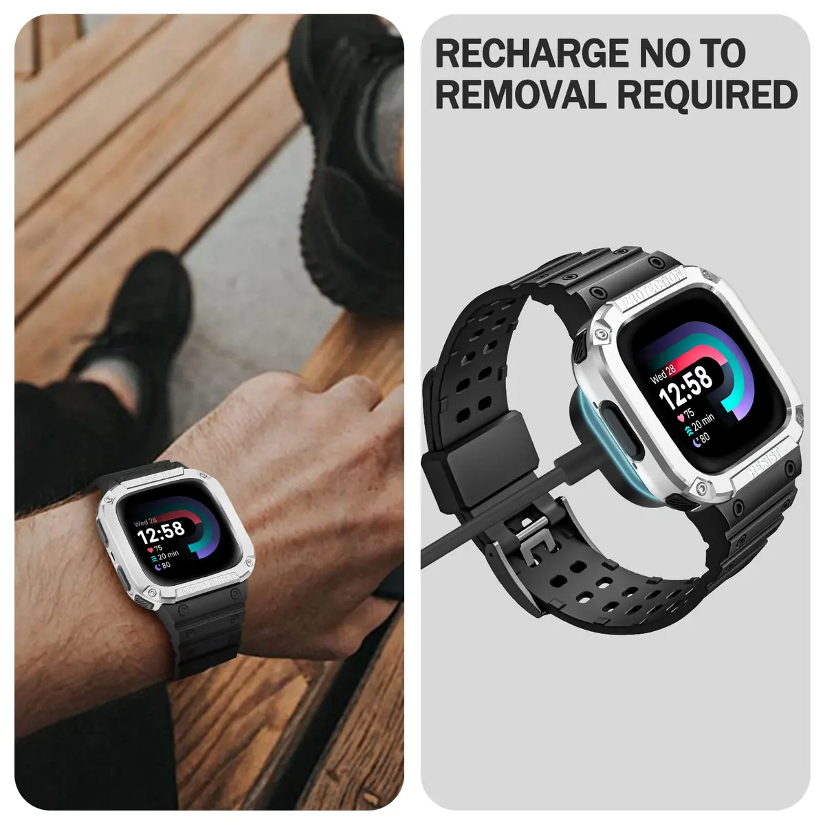 FINTIE Rugged Band with Case for Fitbit Versa 4/3/2/1 & Sense 2/1 - Black/Silver, 165mm-245mm (6.5-9.5 inch) - view 5