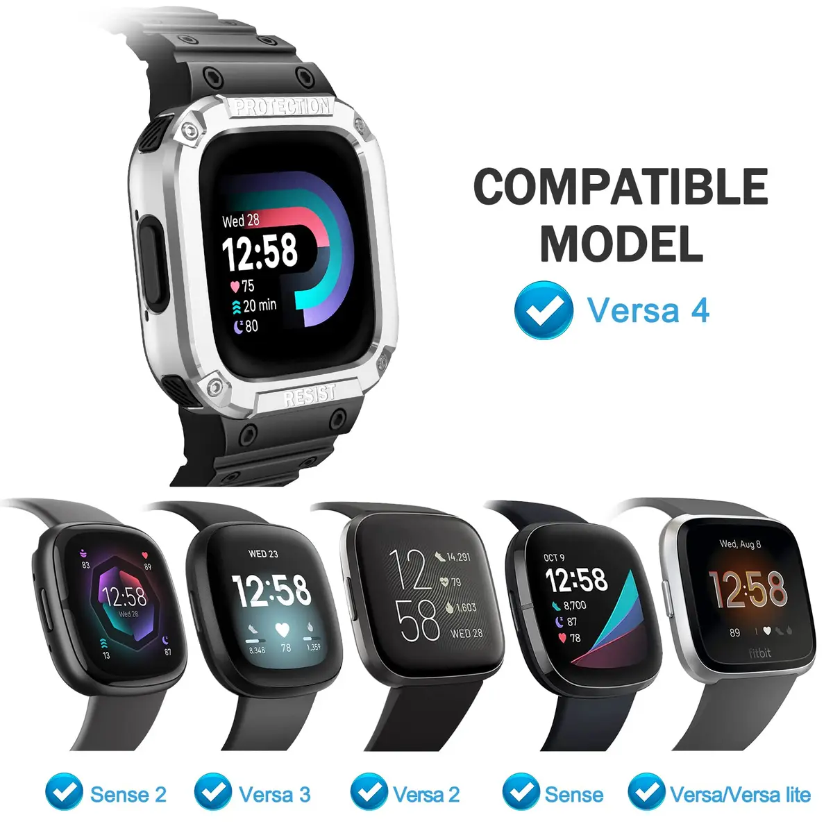 FINTIE Rugged Band with Case for Fitbit Versa 4/3/2/1 & Sense 2/1 - Black/Silver, 165mm-245mm (6.5-9.5 inch) - view 2