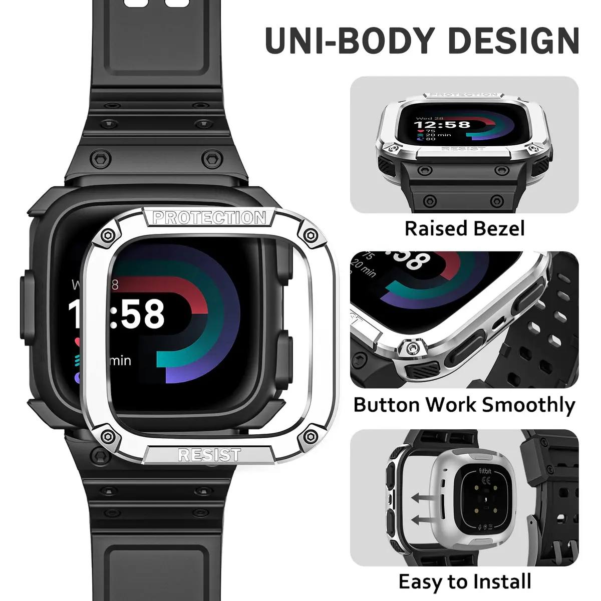 FINTIE Rugged Band with Case for Fitbit Versa 4/3/2/1 & Sense 2/1 - Black/Silver, 165mm-245mm (6.5-9.5 inch) - view 3