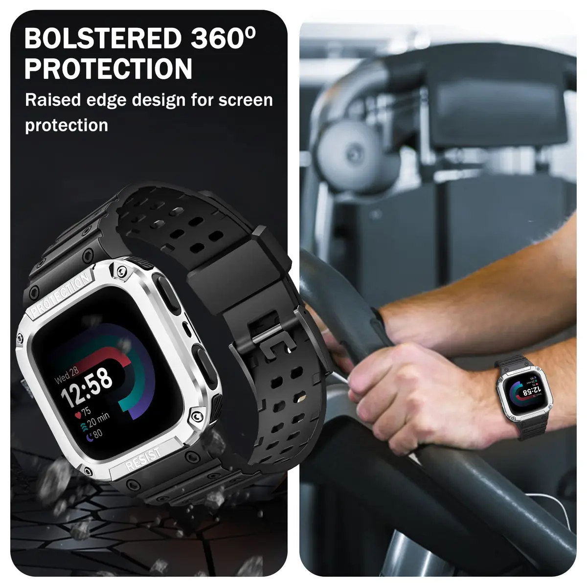FINTIE Rugged Band with Case for Fitbit Versa 4/3/2/1 & Sense 2/1 - Black/Silver, 165mm-245mm (6.5-9.5 inch) - view 4