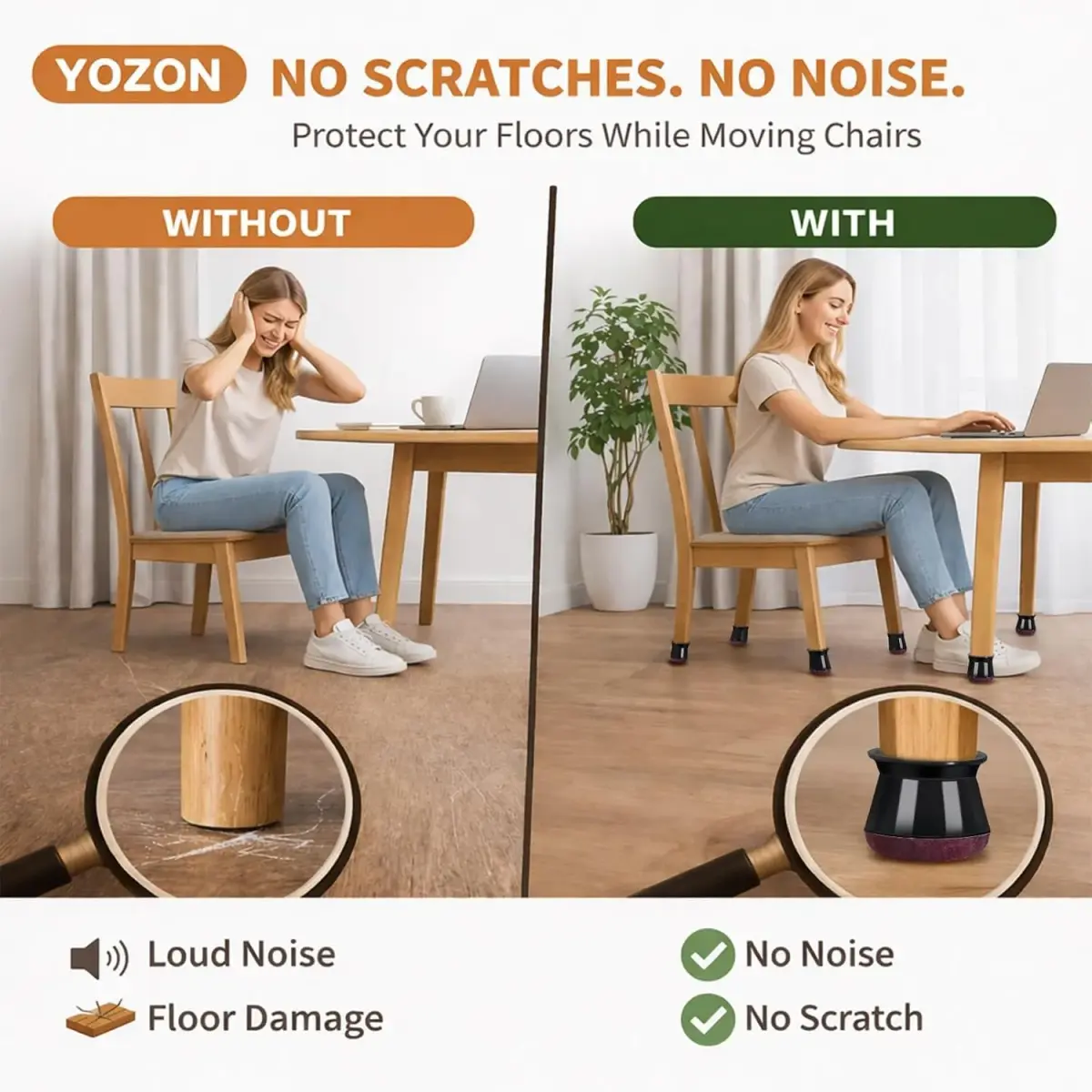 YOZON Chair Leg Floor Protectors Silicone Caps with Felt Base, 19-30mm Round Legs | Protects Floors & Reduces Noise - view 5