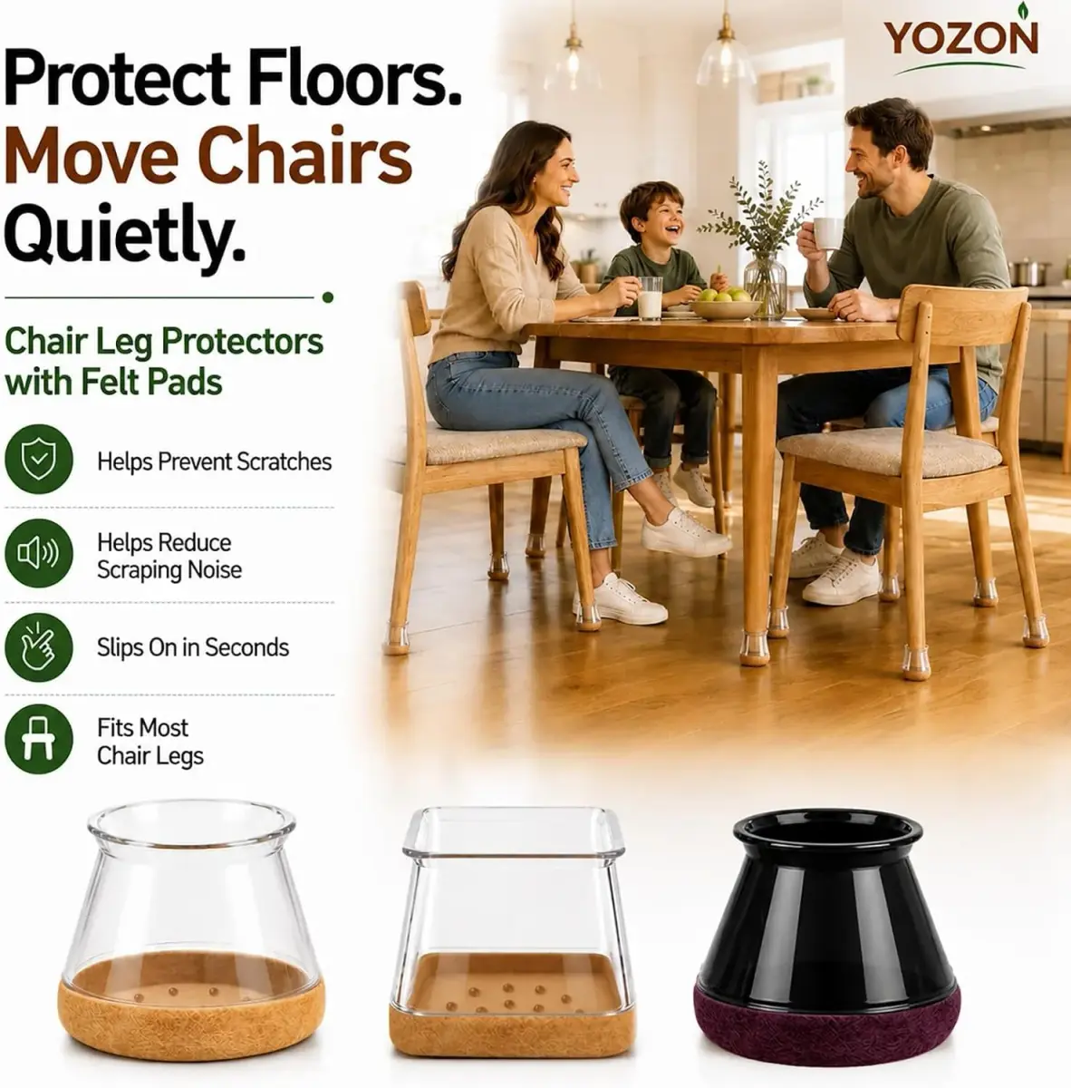 YOZON Chair Leg Floor Protectors Silicone Caps Felt Furniture Pads 16 Pack Black Round Small | Protects Floors & Reduces Noise - view 6