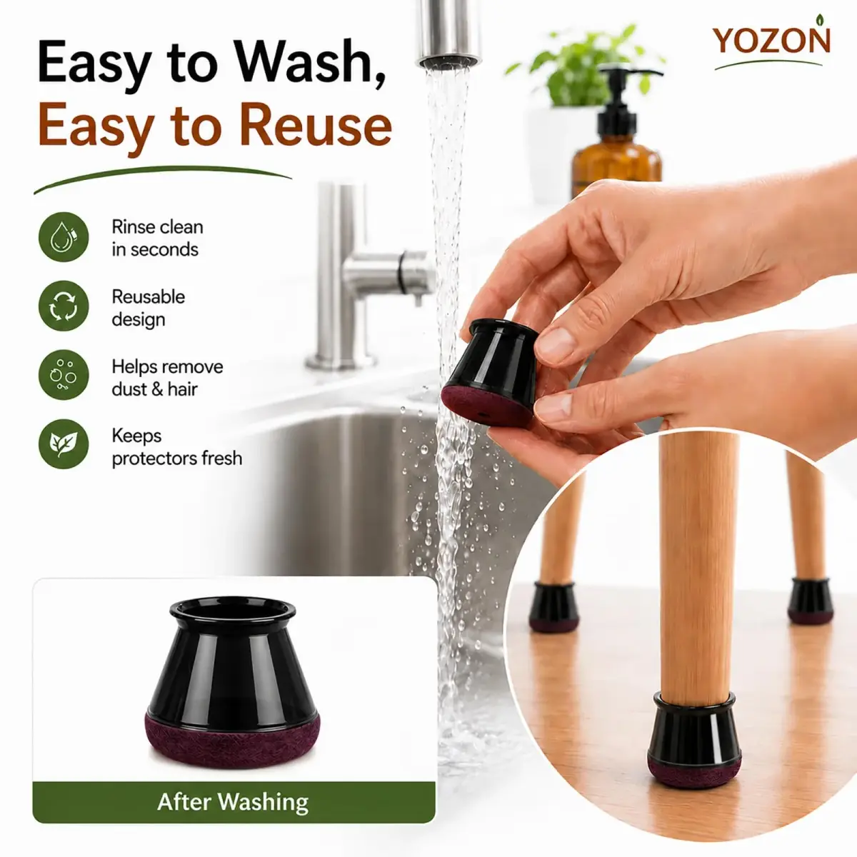 YOZON Chair Leg Floor Protectors Silicone Caps Felt Furniture Pads 16 Pack Black Round Small | Protects Floors & Reduces Noise - view 7