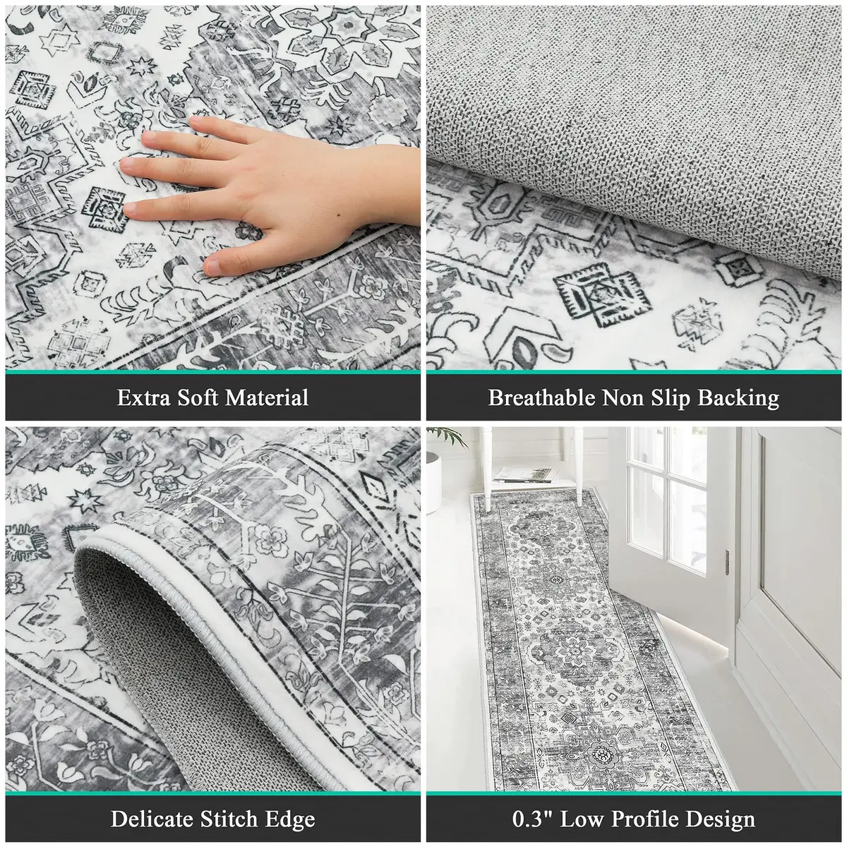 Pauwer Hallway Runner Rug 2x6 | Washable Vintage Grey Boho Style (70-120 chars) - view 3