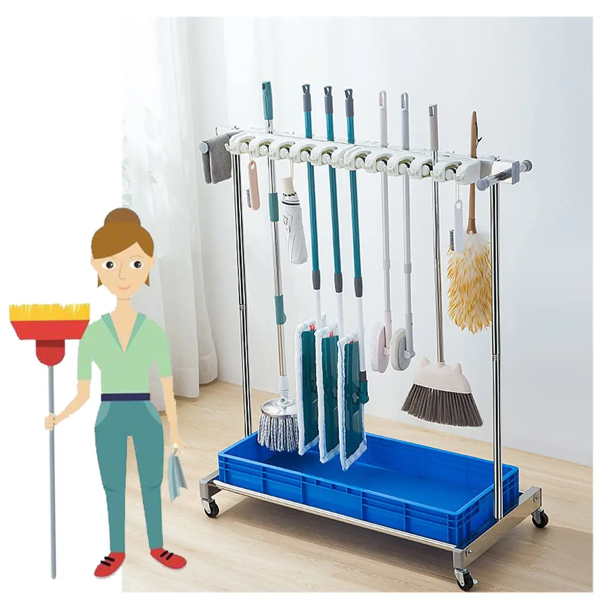WXZX Utility Movable Commercial Rack for Mops & Brooms | Space-Saving Housekeeping Cart (67×50×122cm) - main product image