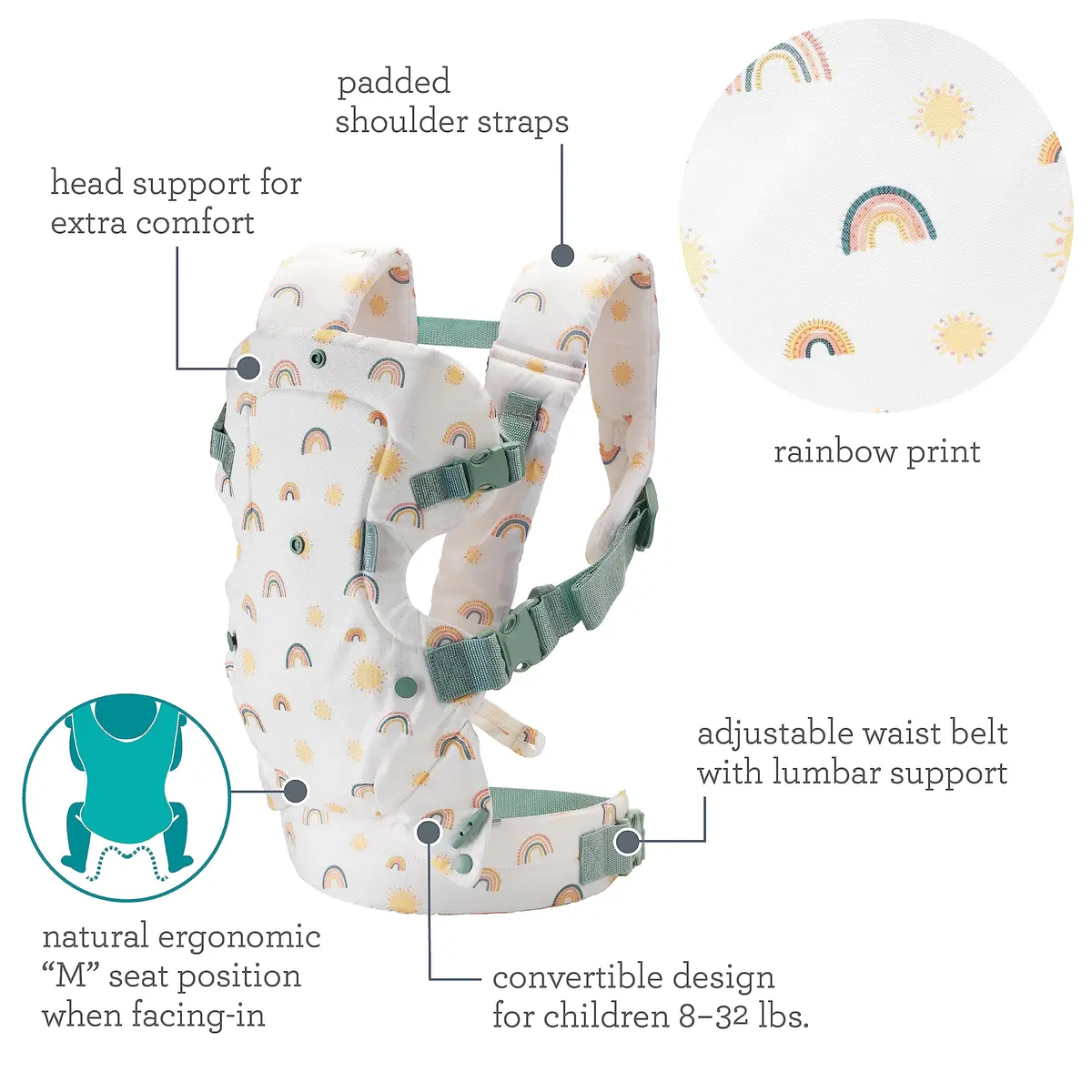 Infantino Flip 4-in-1 Baby Carrier Convertible Ergonomic, Rainbow | Adjustable, 8-32 lbs, 4 Carry Modes - view 4
