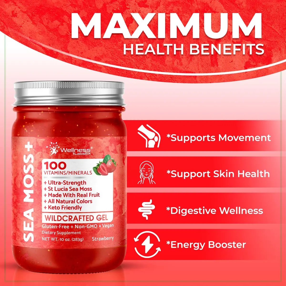 WELLNESS LABSRX Strawberry Sea Moss Gel 300ml (10 Fl Oz) | Nutrient-Rich Superfood for Wellness - view 5