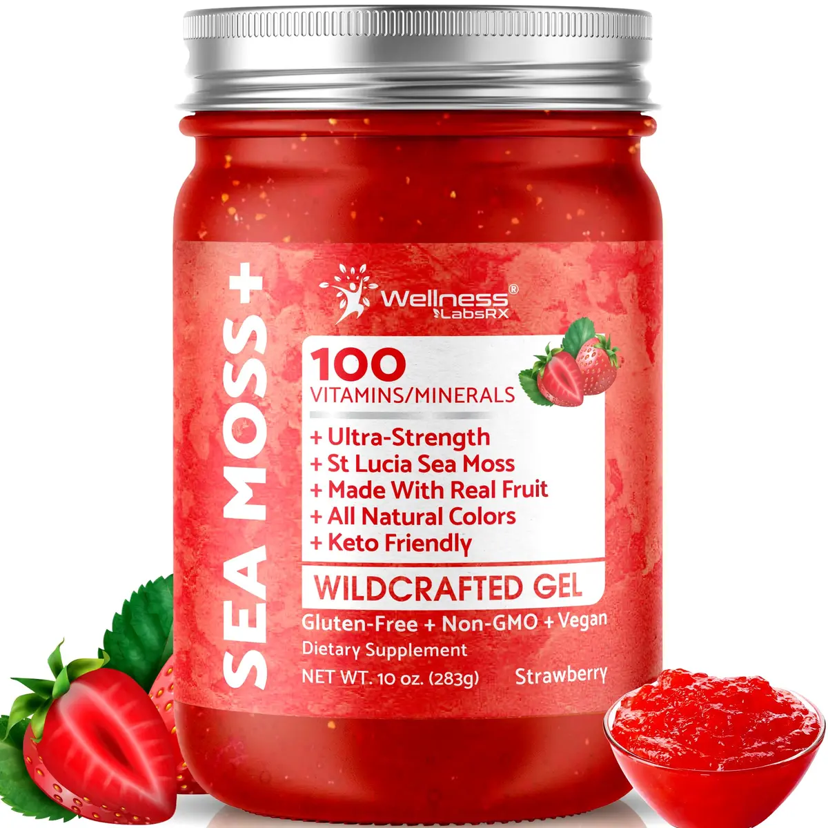 WELLNESS LABSRX Strawberry Sea Moss Gel 300ml (10 Fl Oz) | Nutrient-Rich Superfood for Wellness - main product image