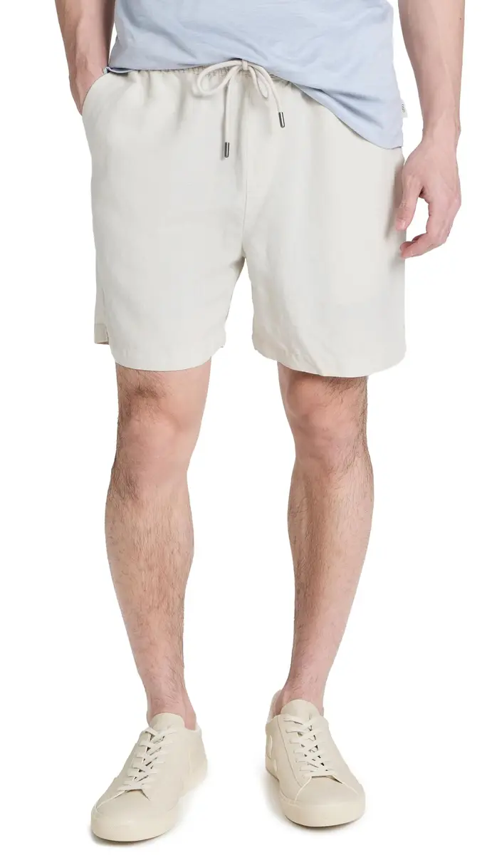 Onia-Air Linen Pull-On Short 6"-Solid-Stone-L | Stretch Waist, Back Patch Pocket, 6" Length - main product image