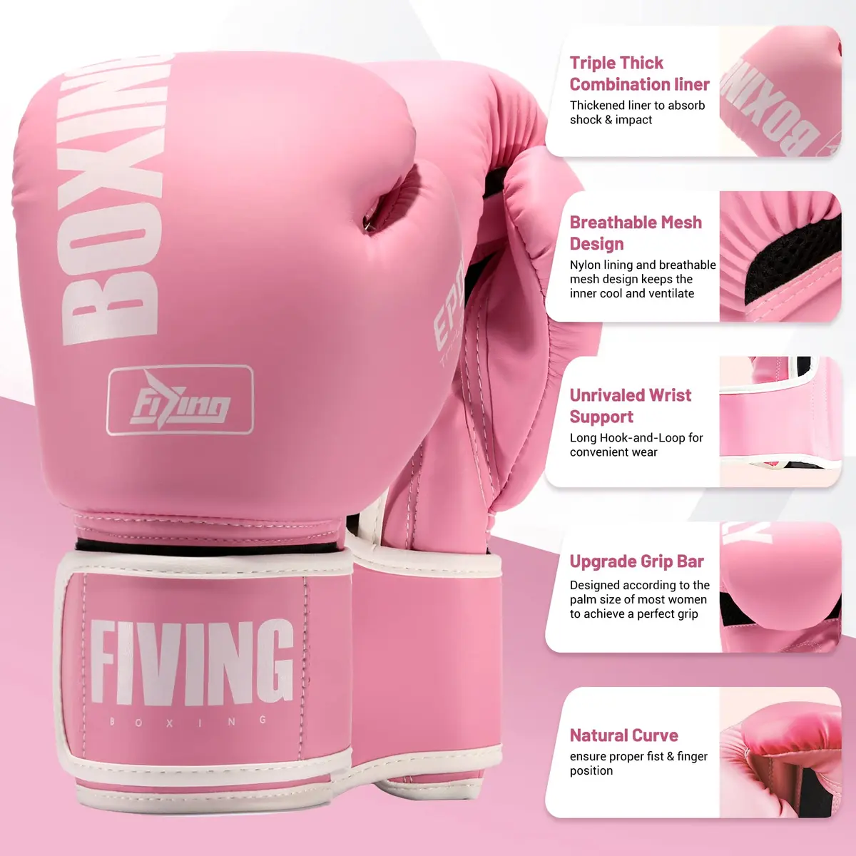 FIVING Pink Boxing Gloves for Women | 10oz MMA & Kickboxing Training (0.45kg) - view 2