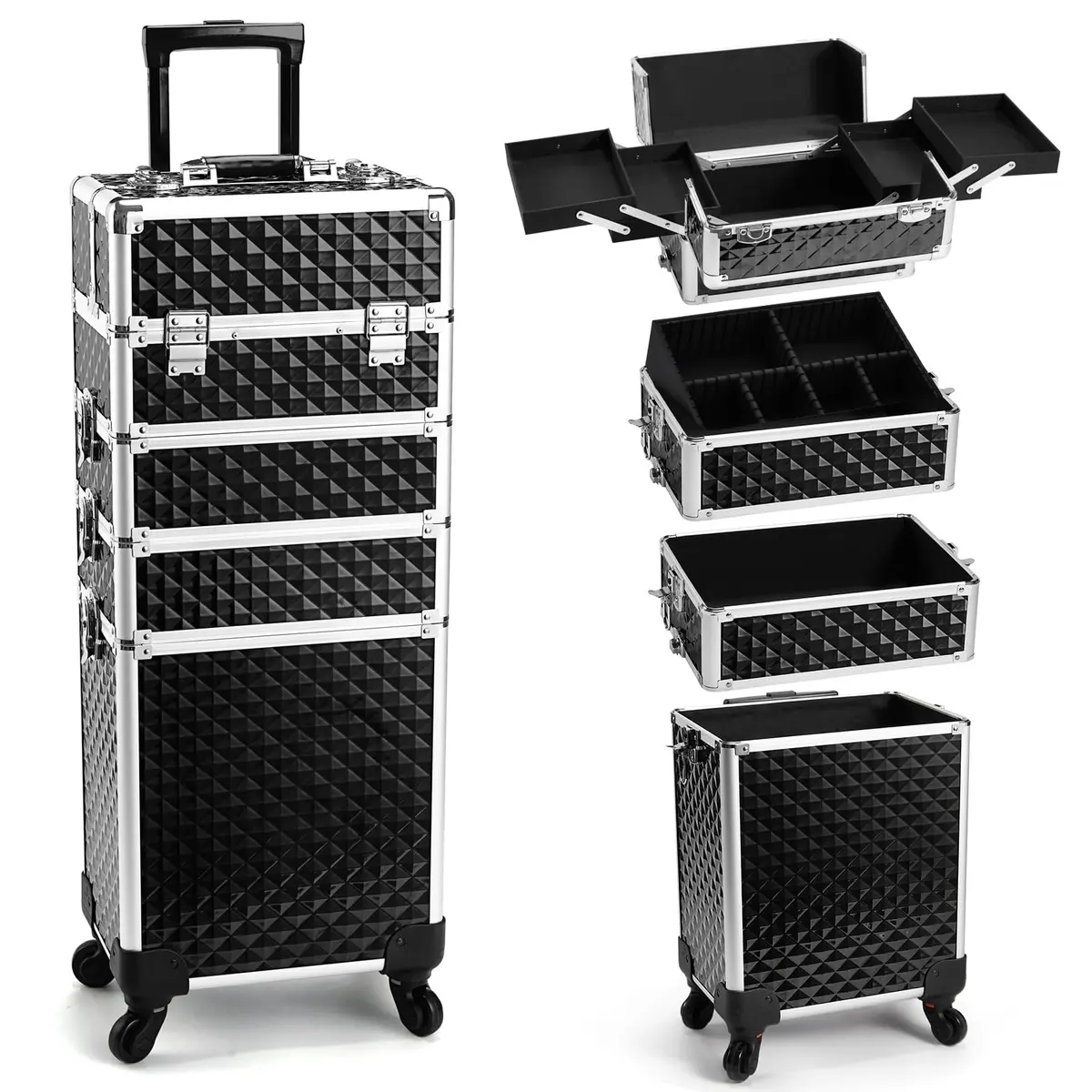 Yueieoun Cosmetic Case 4-in-1 | Travel & Professional Makeup Trolley, Lockable, Black - main product image