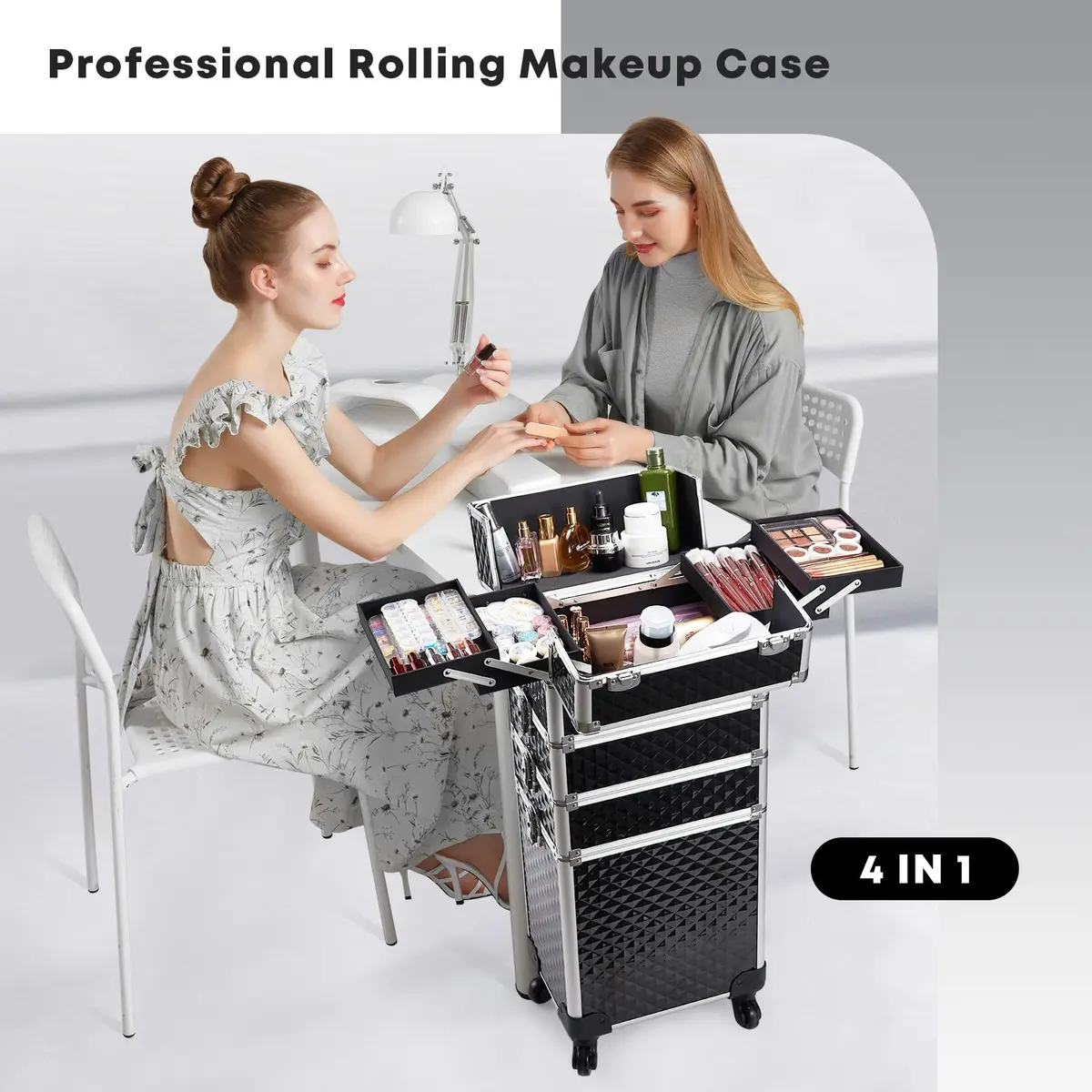 Yueieoun Cosmetic Case 4-in-1 | Travel & Professional Makeup Trolley, Lockable, Black - view 5