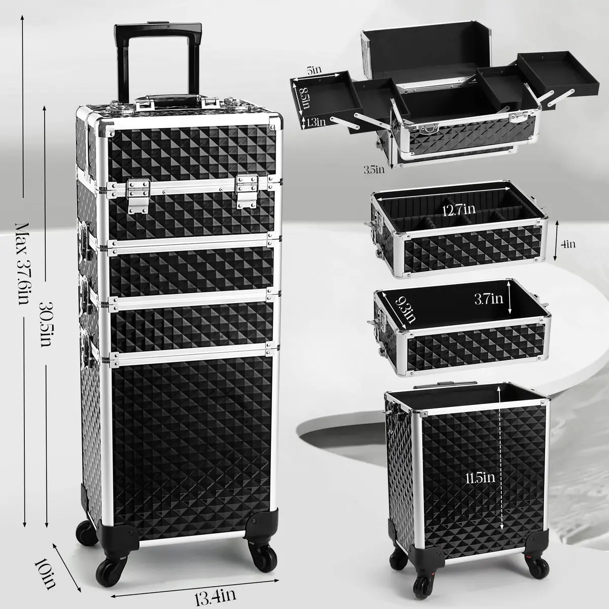 Yueieoun Cosmetic Case 4-in-1 | Travel & Professional Makeup Trolley, Lockable, Black - view 6