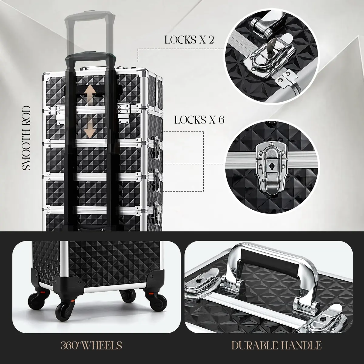 Yueieoun Cosmetic Case 4-in-1 | Travel & Professional Makeup Trolley, Lockable, Black - view 7
