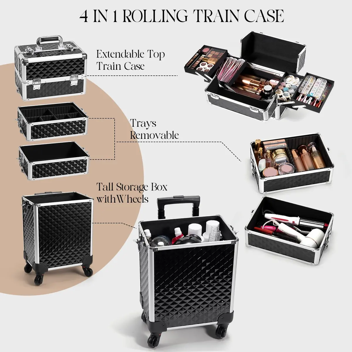 Yueieoun Cosmetic Case 4-in-1 | Travel & Professional Makeup Trolley, Lockable, Black - view 8