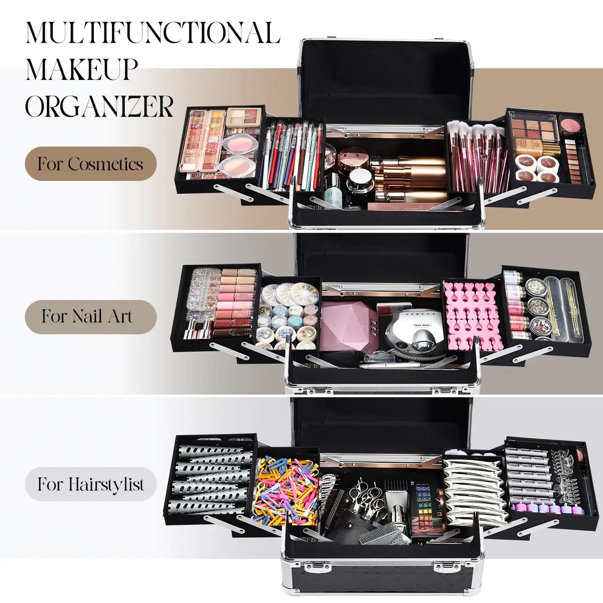 Yueieoun Cosmetic Case 4-in-1 | Travel & Professional Makeup Trolley, Lockable, Black - view 2