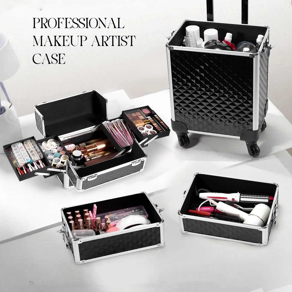 Yueieoun Cosmetic Case 4-in-1 | Travel & Professional Makeup Trolley, Lockable, Black - view 4