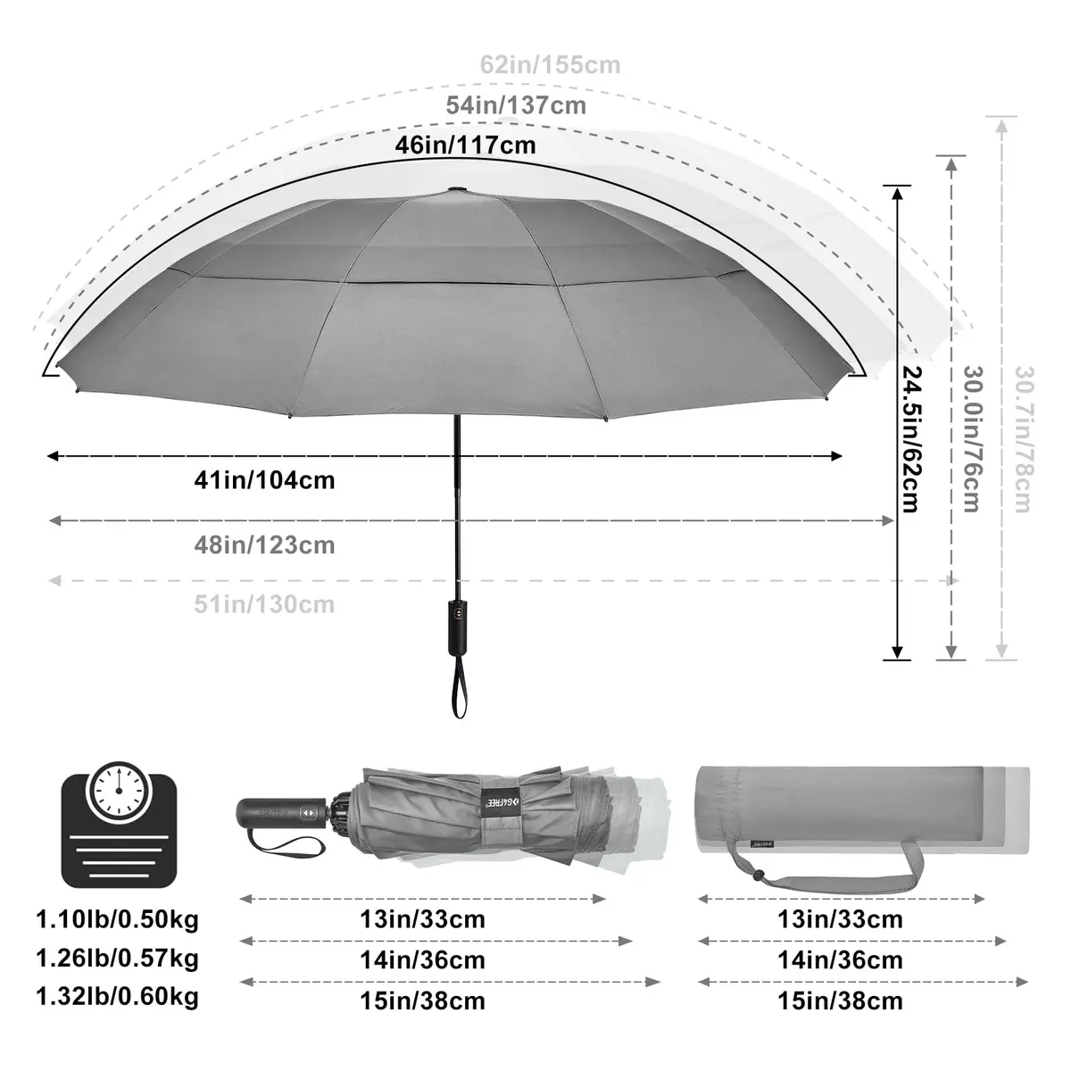 G4Free 62 Inch Large Golf Umbrella Windproof Reverse Travel Umbrella with Double Canopy and Auto Open Close (Grey) | 157.5 cm Arc - view 2