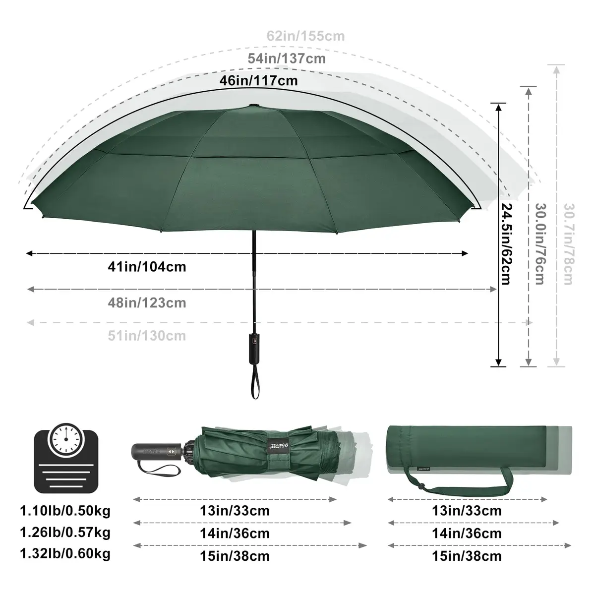 G4Free 62 Inch Large Golf Umbrella Windproof Reverse Travel Umbrella with Double Canopy & Auto Open Close (Dark Green) - view 2