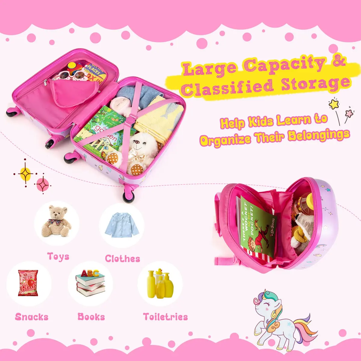 HONEY JOY Kids Luggage Set with 12" Toddler Backpack & 16" Suitcase | Lightweight Durable ABS Hardshell, Pink Horse - view 6