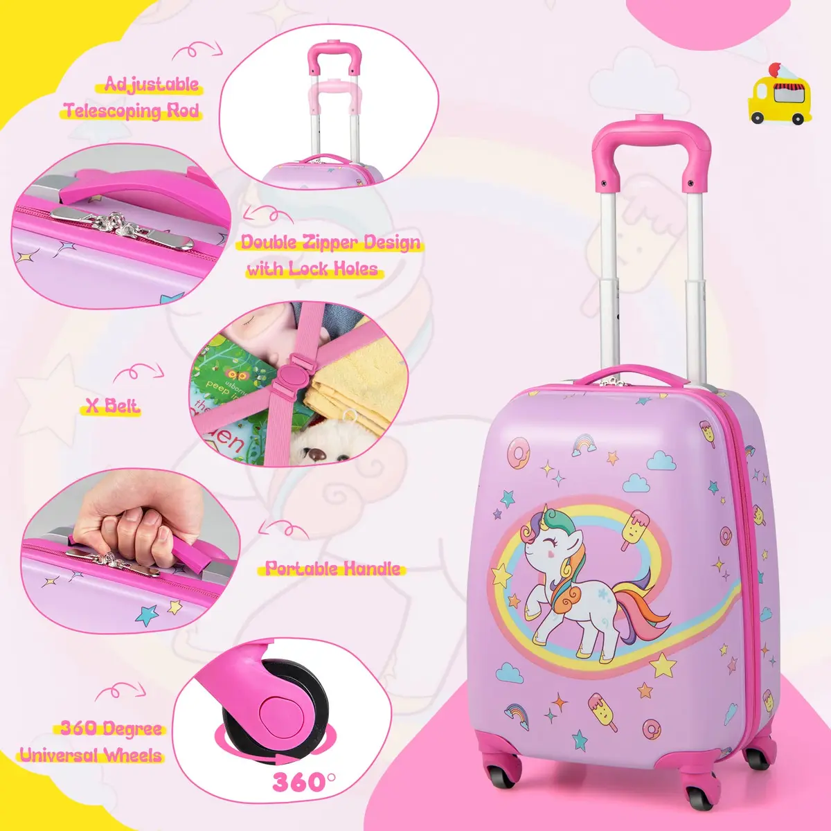 HONEY JOY Kids Luggage Set with 12" Toddler Backpack & 16" Suitcase | Lightweight Durable ABS Hardshell, Pink Horse - view 7
