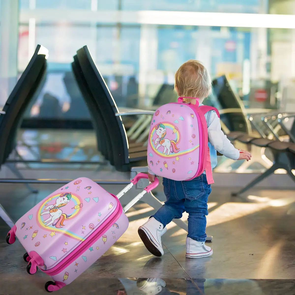 HONEY JOY Kids Luggage Set with 12" Toddler Backpack & 16" Suitcase | Lightweight Durable ABS Hardshell, Pink Horse - view 3