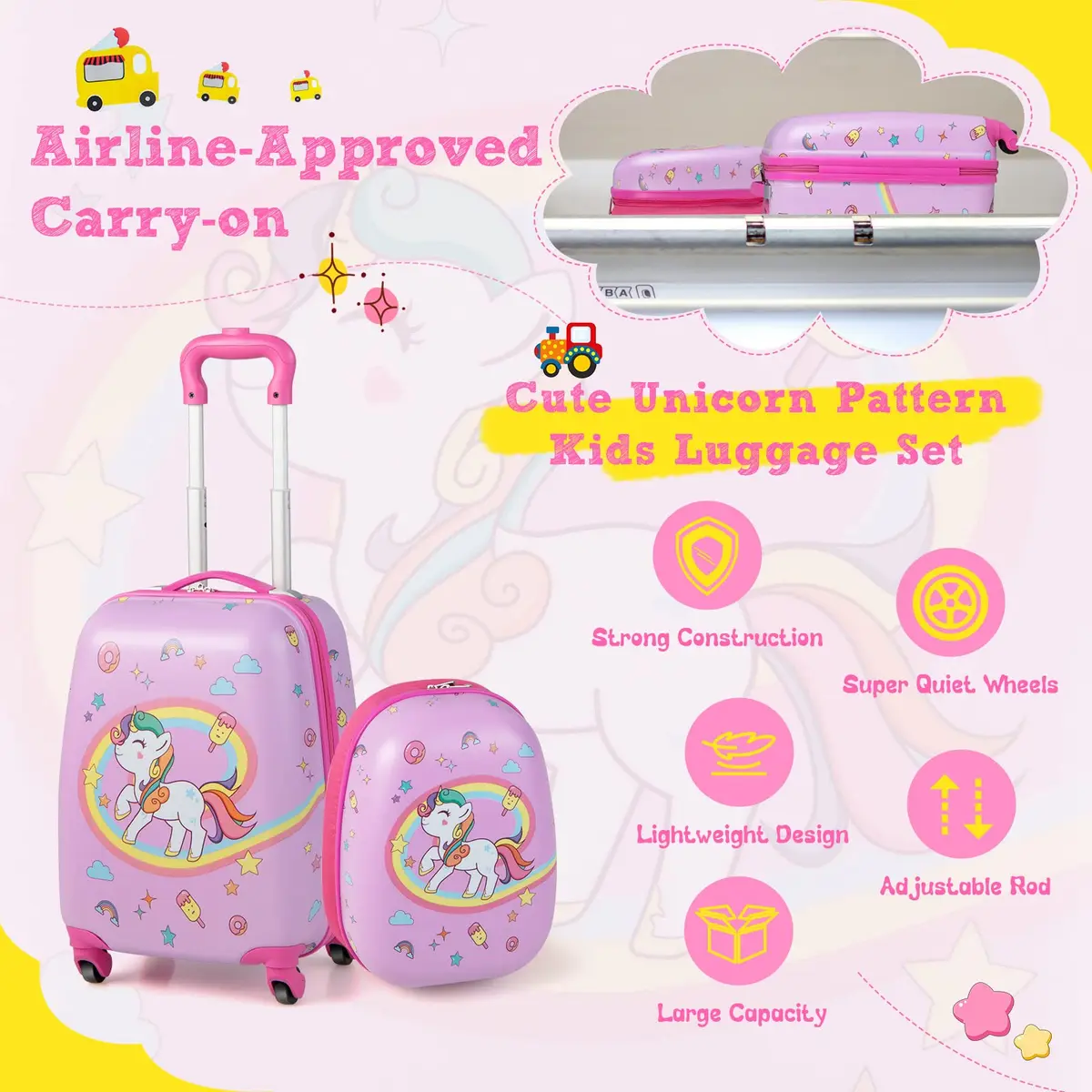 HONEY JOY Kids Luggage Set with 12" Toddler Backpack & 16" Suitcase | Lightweight Durable ABS Hardshell, Pink Horse - view 4