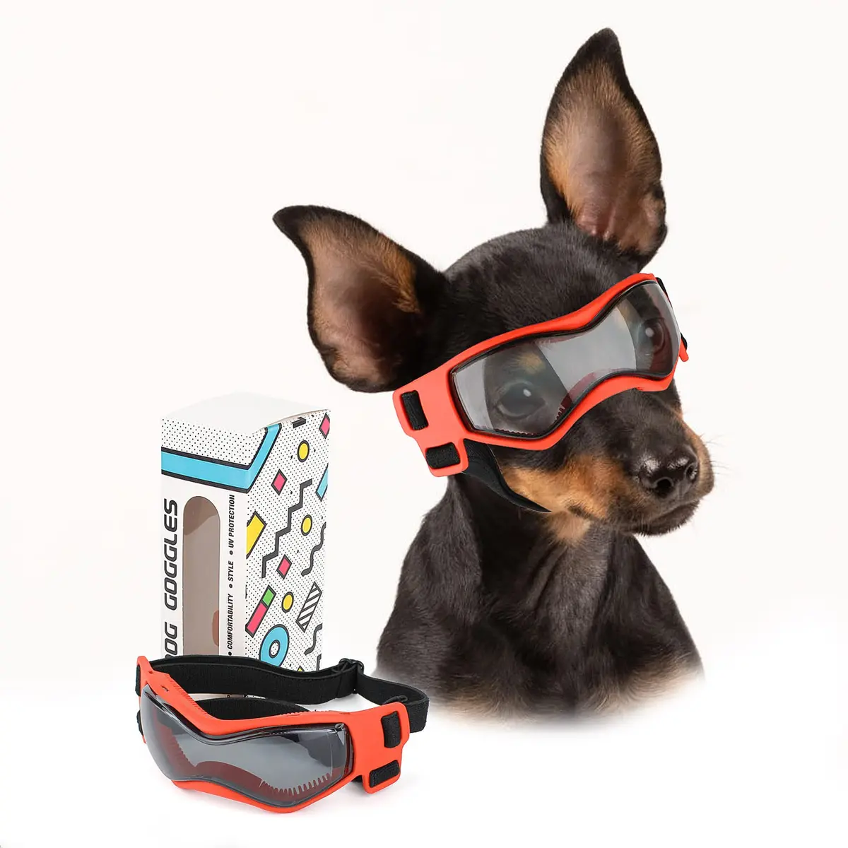PETLESO Small Breed Dog Goggles UV Protection Puppy Eyewear for Outdoor Riding Driving, Orange S | Curved Lens & Soft Frame - main product image