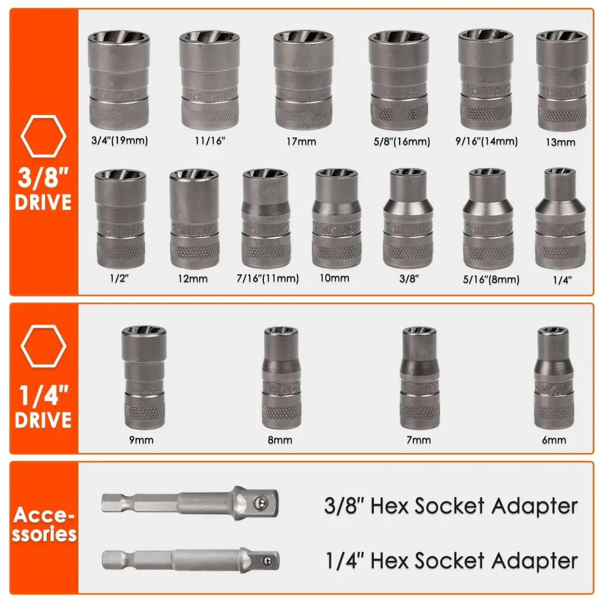 THINKWORK 54-Piece Bolt Extractor Kit with 3/8" Drive | Removes Damaged, Frozen, Rusted, Rounded-Off Bolts, Nuts & Screws - view 4