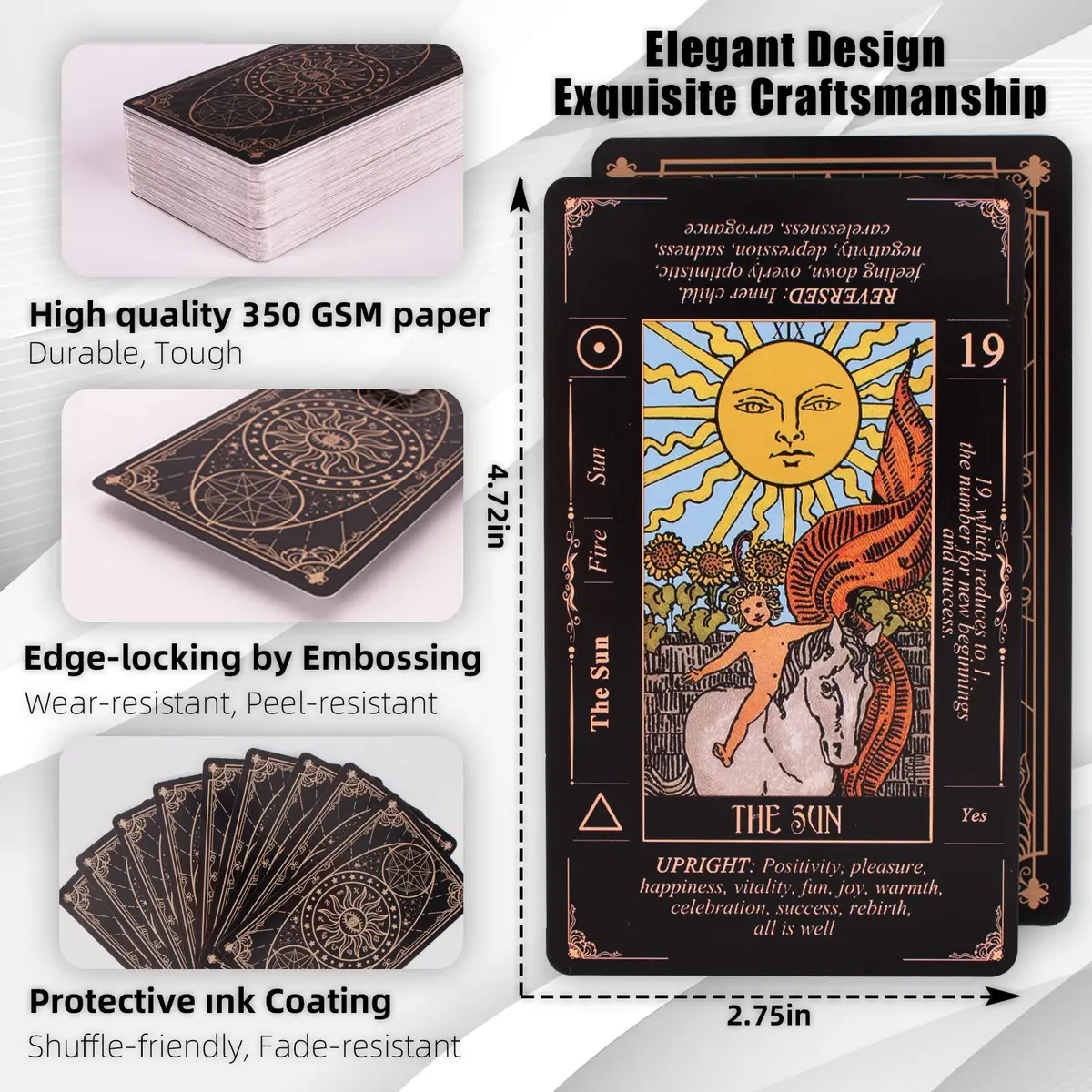KLEDERY Tarot Cards for Beginners, Classic Tarot Deck with Meanings, Durable Cards with Guide Book, Black | Beginner Tarot Learning Tool - view 5