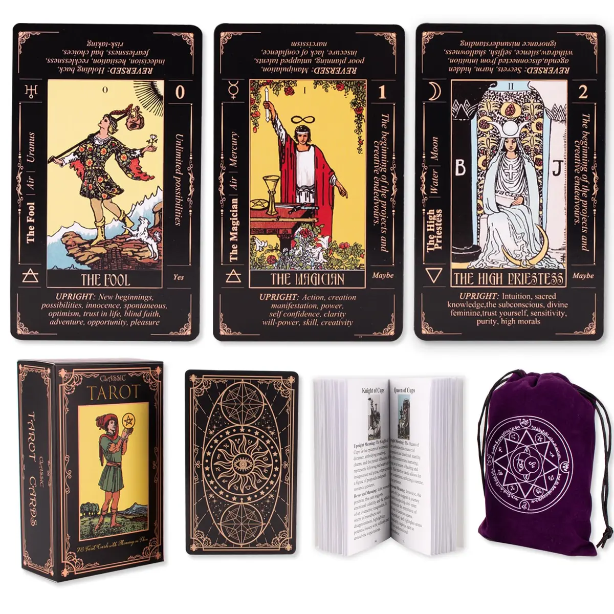 KLEDERY Tarot Cards for Beginners, Classic Tarot Deck with Meanings, Durable Cards with Guide Book, Black | Beginner Tarot Learning Tool - main product image